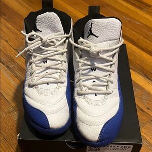 Used Jordan 12 White and Royal Blue Sneakers with Black Accents